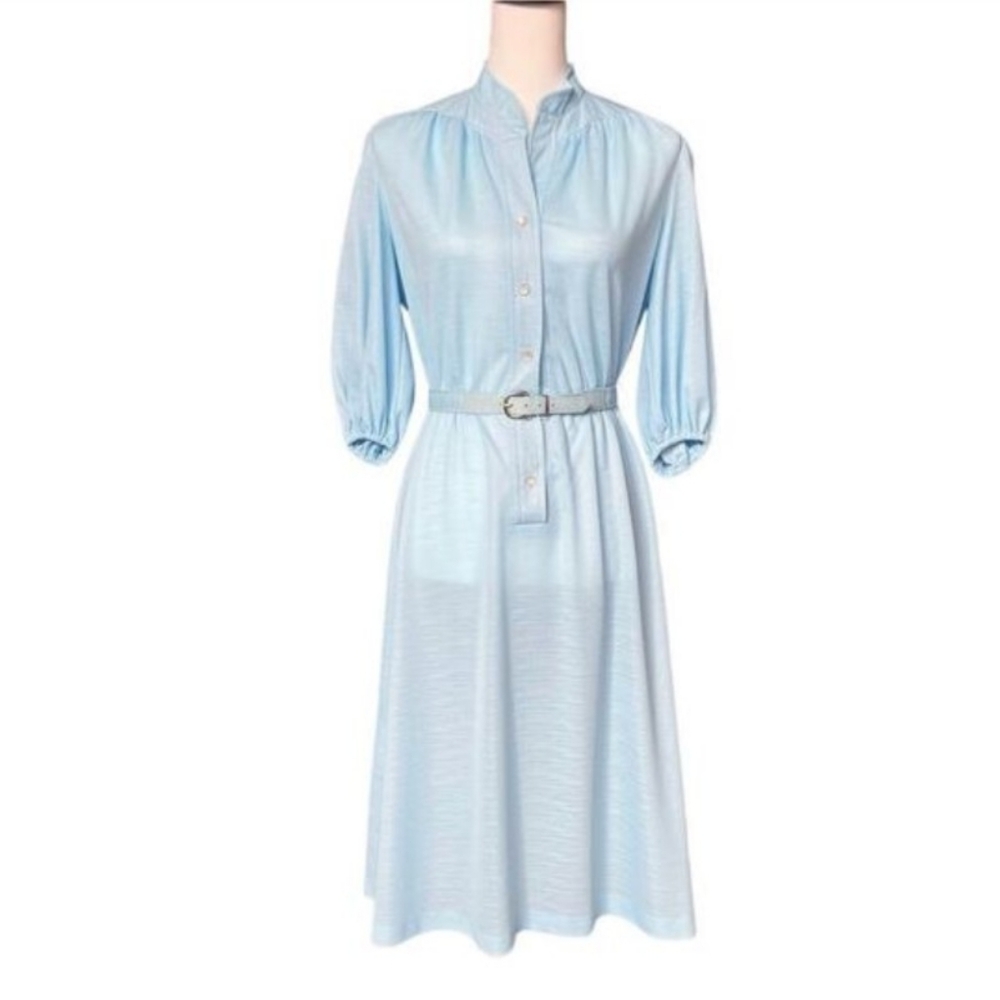 Vintage Baby Blue Button Front Fit & Flare Belted Dress Size 6 Retro Casual